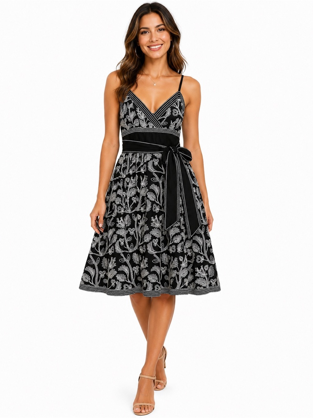 Studio M Petite Black White Embroidered Cotton Sundress SP Tie Waist Boho Sash